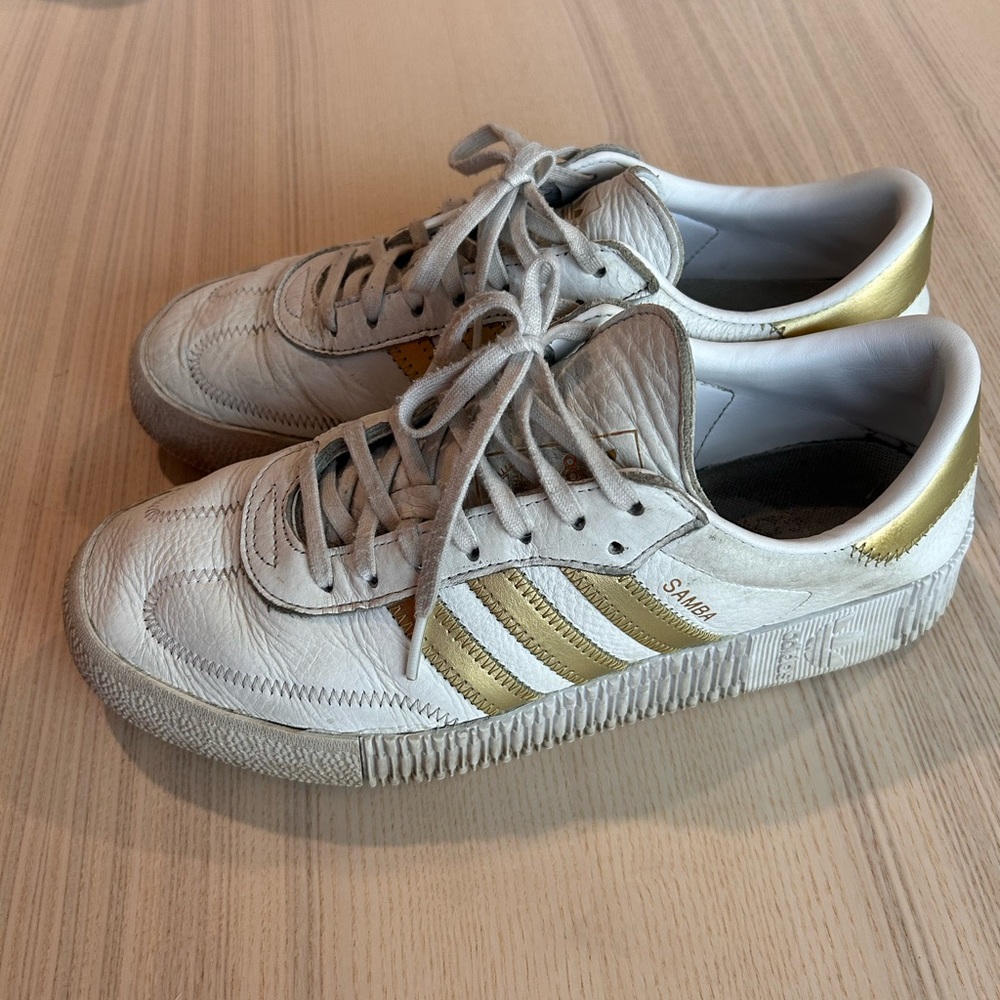 adidas Sambae White Leather Sneakers with Gold Stripes